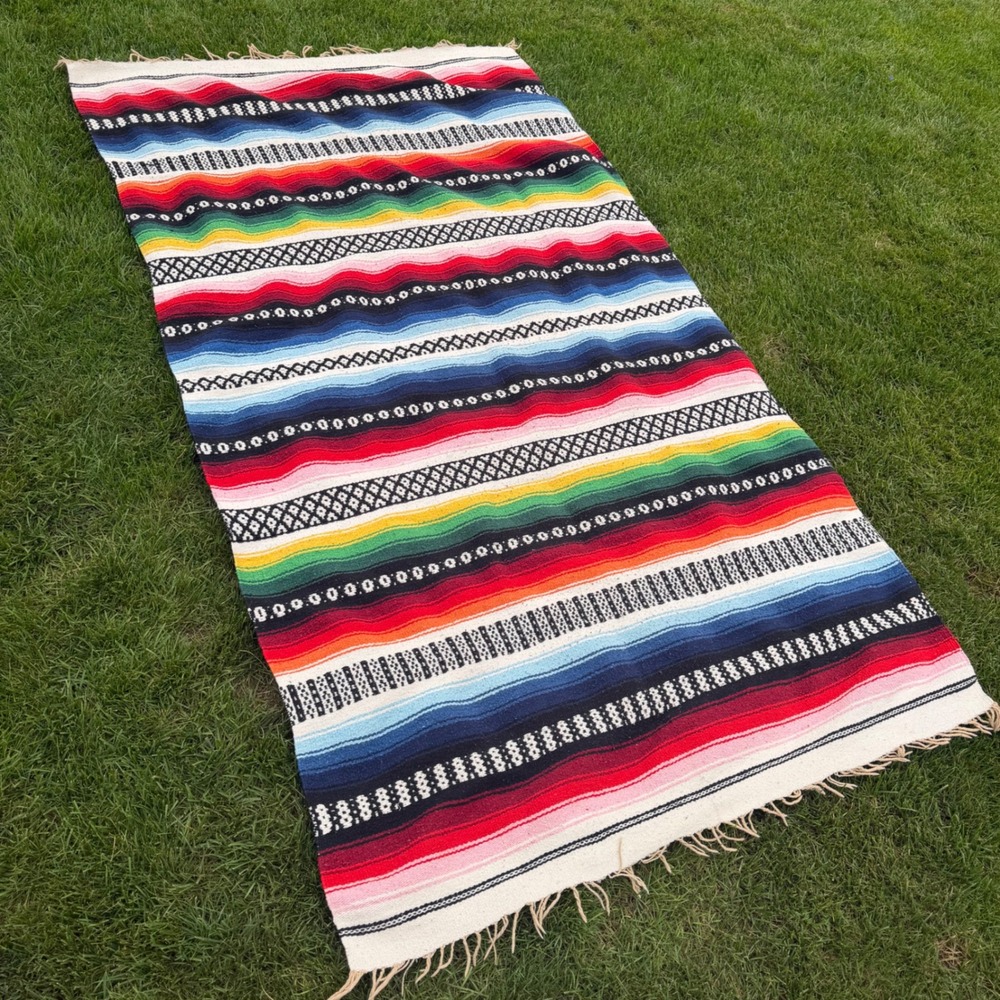 A+ Mexican Serape Blanket Multi Color Striped Fringed Throw Rug 88x48 Southwest
